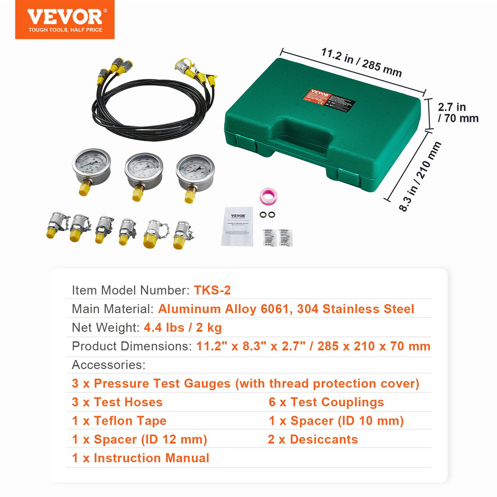 Kit de prueba de presión hidráulica VEVOR 250/400/600 bar 3 manómetros 6 acoplamientos de prueba 3 mangueras de prueba