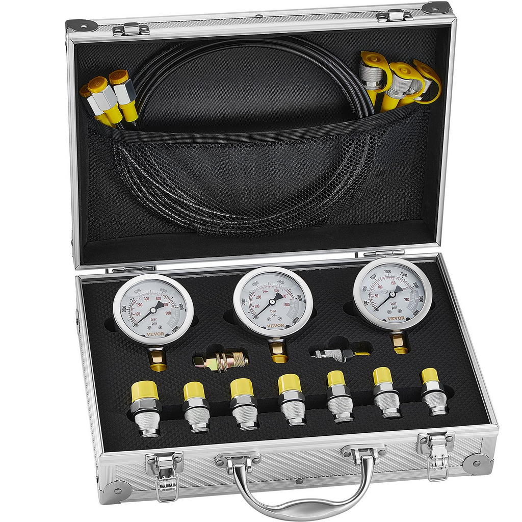Kit de prueba de presión hidráulica VEVOR 250/400/600 bar 3 manómetros 9 acoplamientos de prueba 3 mangueras de prueba