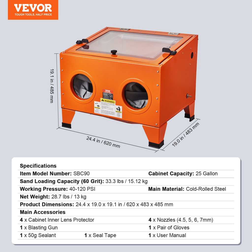 Gabinete de chorro de arena VEVOR de 25 galones de 40-120 PSI 4 boquillas de cerámica para eliminar pintura, manchas y óxido