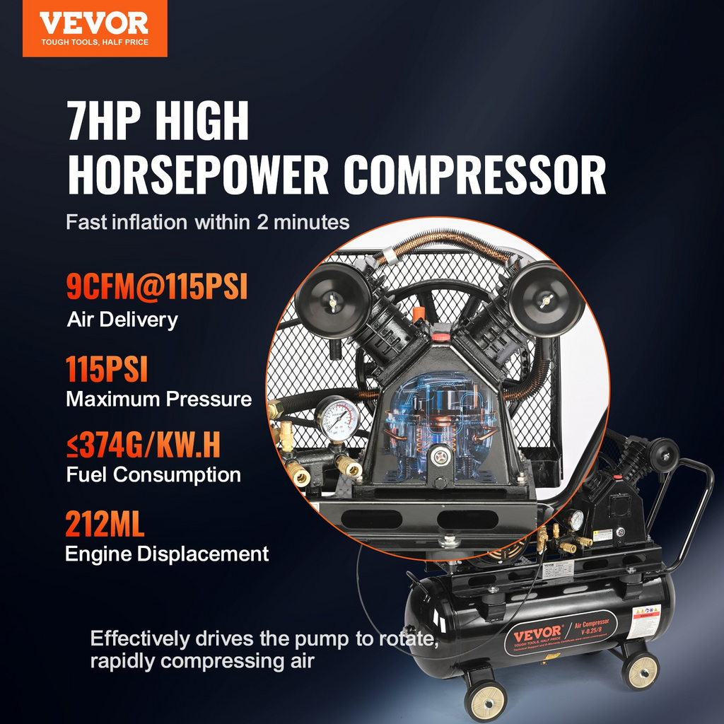 Compresor de aire a gas VEVOR de 7 HP de 13,2 galones pistón accionada por gas de 9 CFM a 115 PSI con presión máxima de 115 PSI