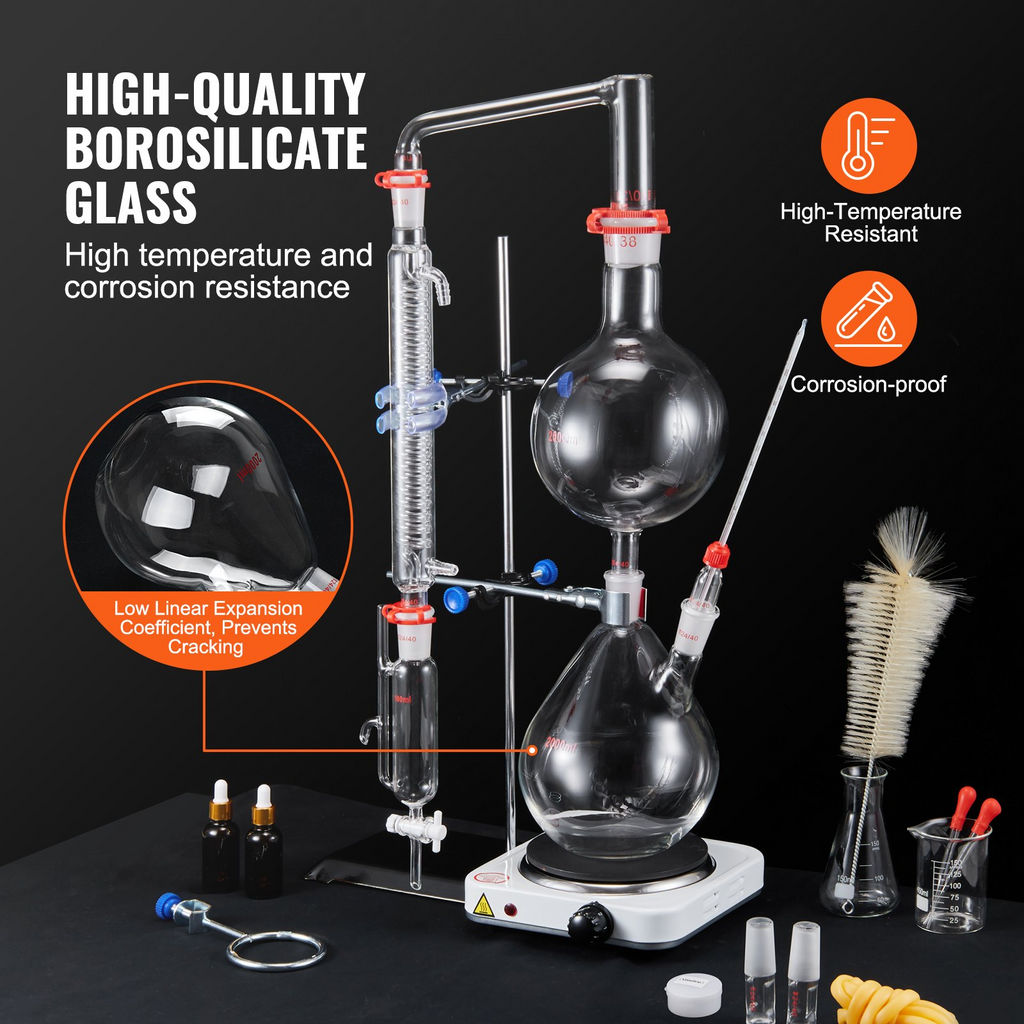 Kit de destilación de aceites esenciales VEVOR de 2000 ml borosilicato 3.3 con placa calefactora de 1000 W y juntas de 24, 40