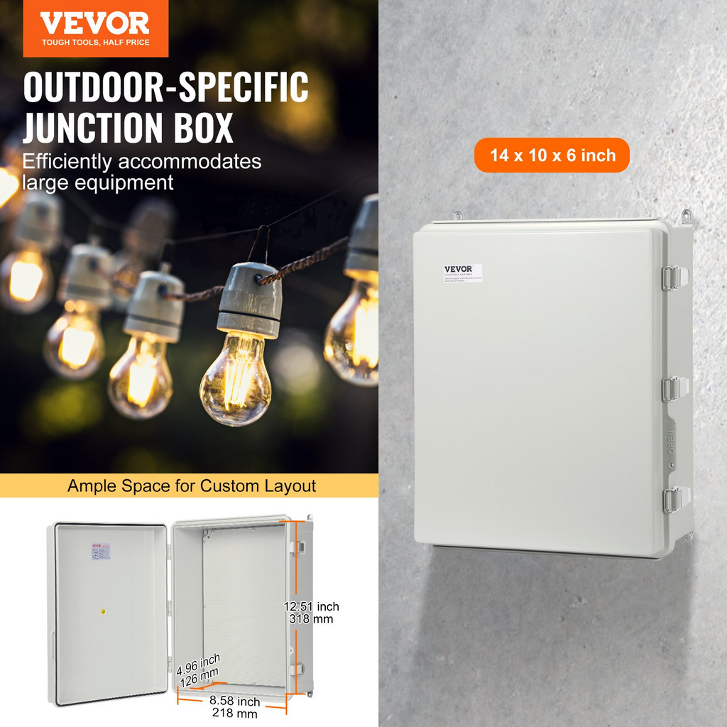 VEVOR Caja de conexiones eléctricas para exteriores, 13,78 x 9,84 x 5,90 pulgadas, caja de plástico ABS con tapa con bisagras y pestillo de acero inoxidable, resistente al agua y al polvo IP67.
