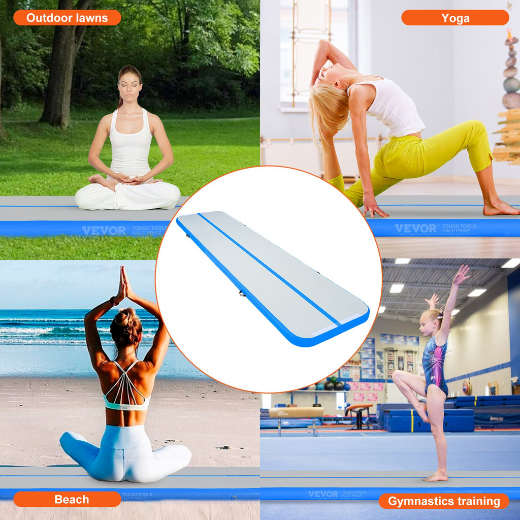 Colchoneta inflable de 4 pulgadas con bomba eléctrica para gimnasio yoga porristas playa y agua 13 pies azul