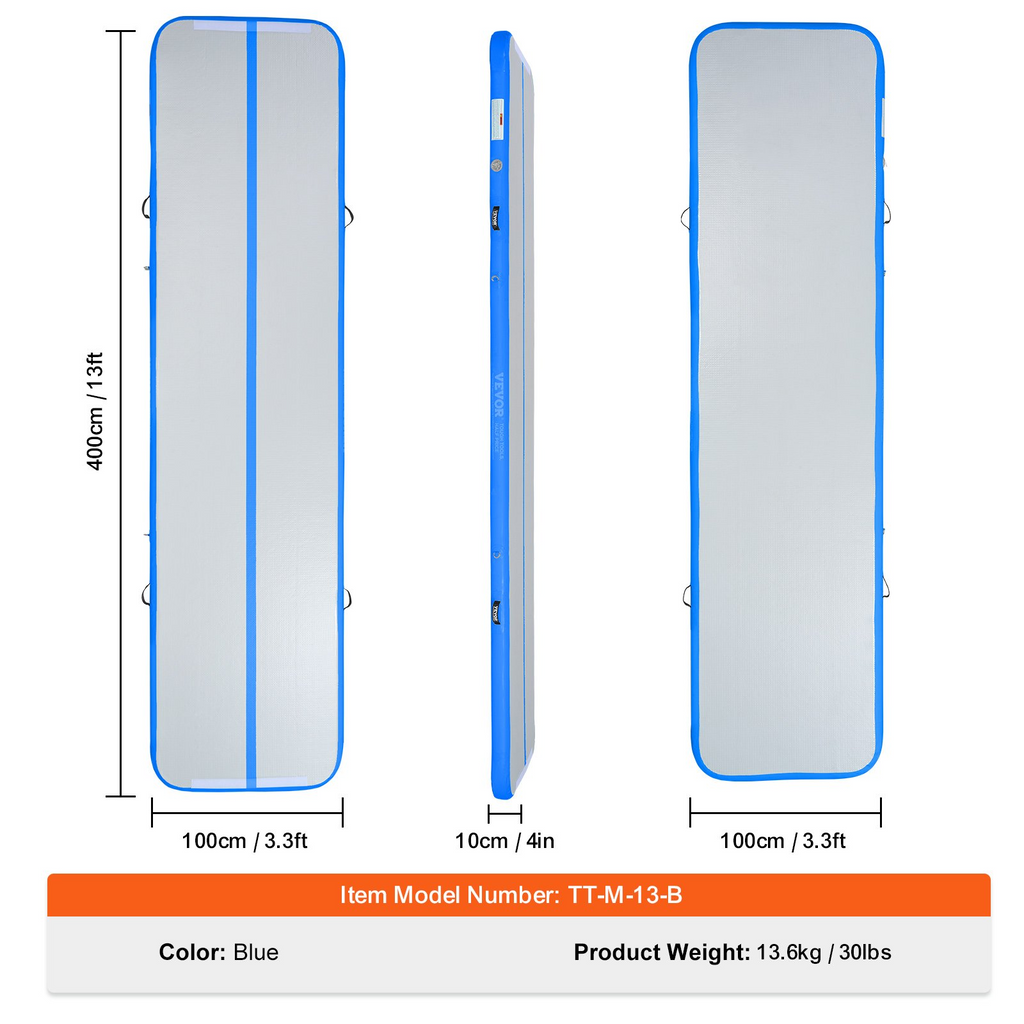 Colchoneta inflable de 4 pulgadas con bomba eléctrica para gimnasio yoga porristas playa y agua 13 pies azul