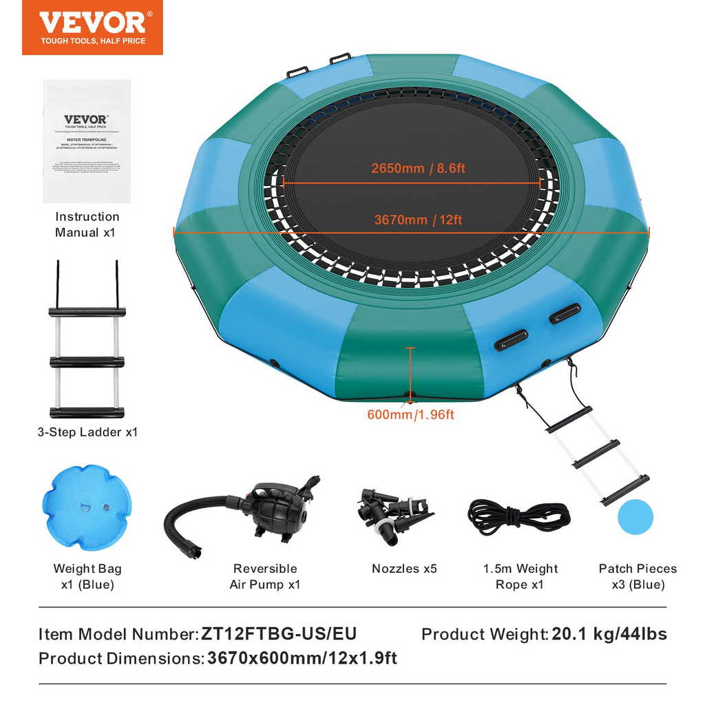 VEVOR - Trampolín acuático inflable de 12 pies para uso recreativo
