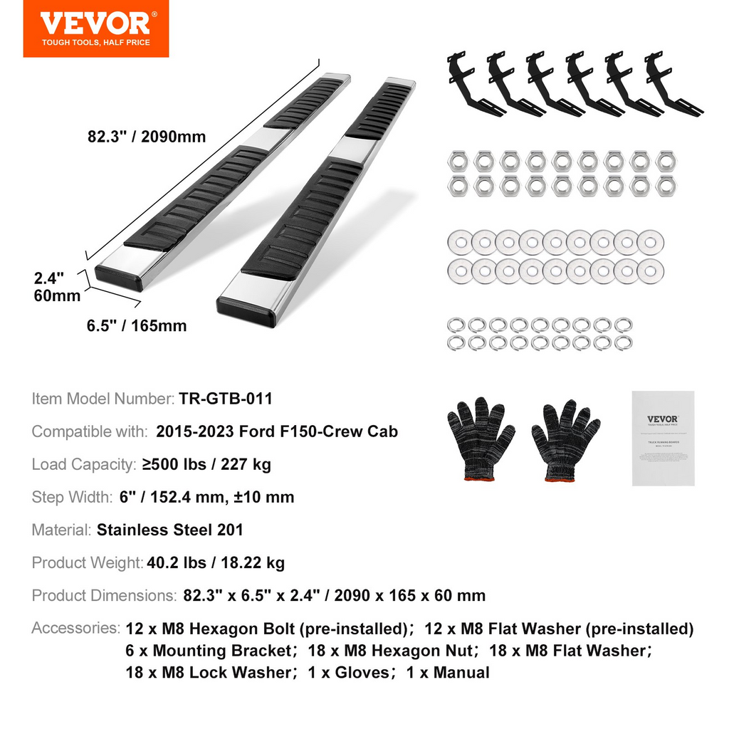 Estribos VEVOR de 6" para Ford F150-Crew Cab 2015-2023 de 500 libras 2 unidades