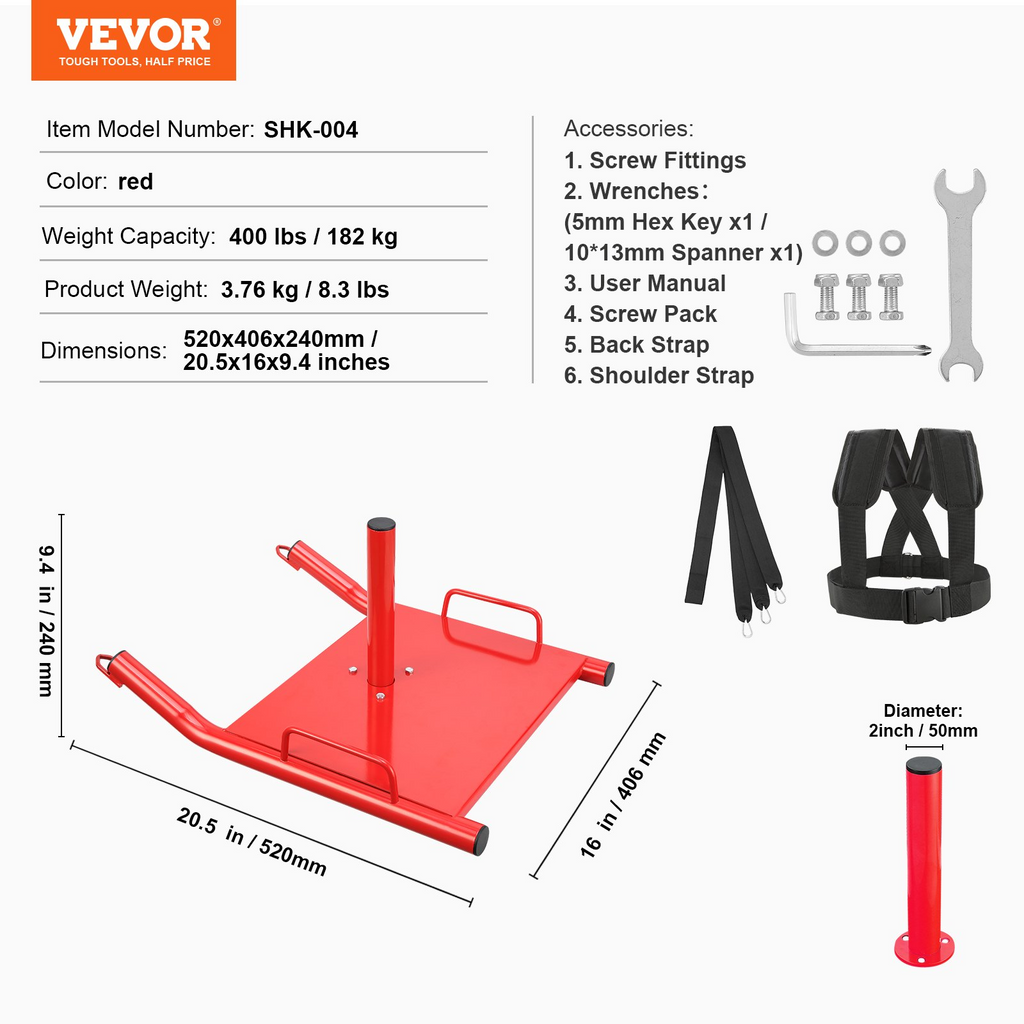 VEVOR Trineo de tracción para entrenamiento con pesas para placas de pesas de 2" rojo
