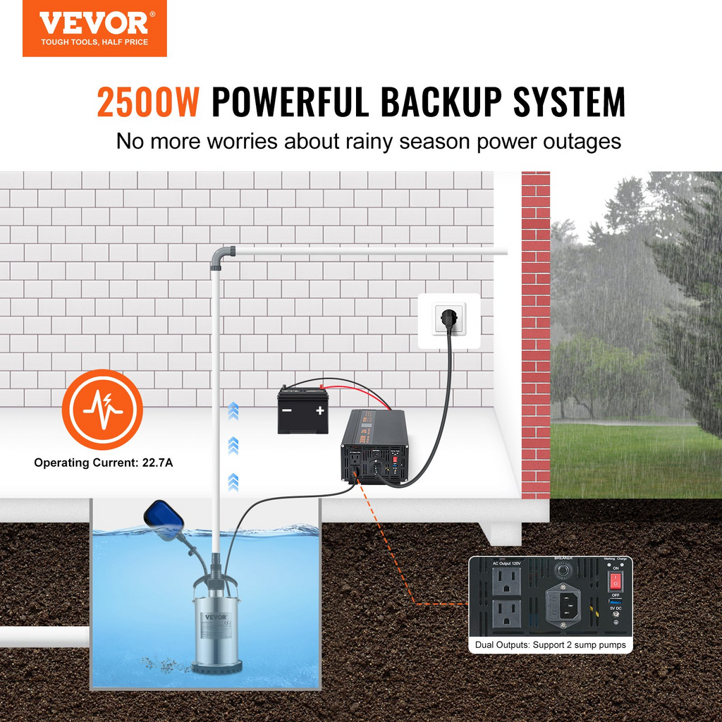 Sistema de respaldo de batería para bomba de sumidero VEVOR de 2500 W