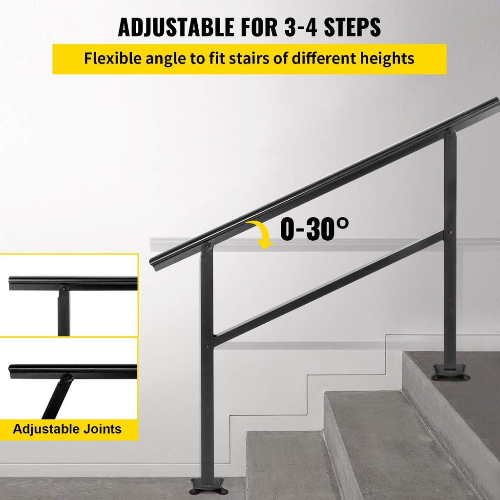 Pasamanos para escaleras de exterior VEVOR de 47,6 x 35,2 pulgadas ajustable de 0 a 30 grados negro para escaleras de 3 a 4 escalones