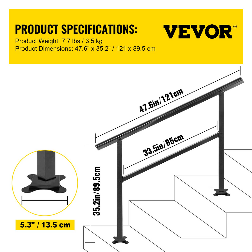 Pasamanos para escaleras de exterior VEVOR de 47,6 x 35,2 pulgadas ajustable de 0 a 30 grados negro para escaleras de 3 a 4 escalones