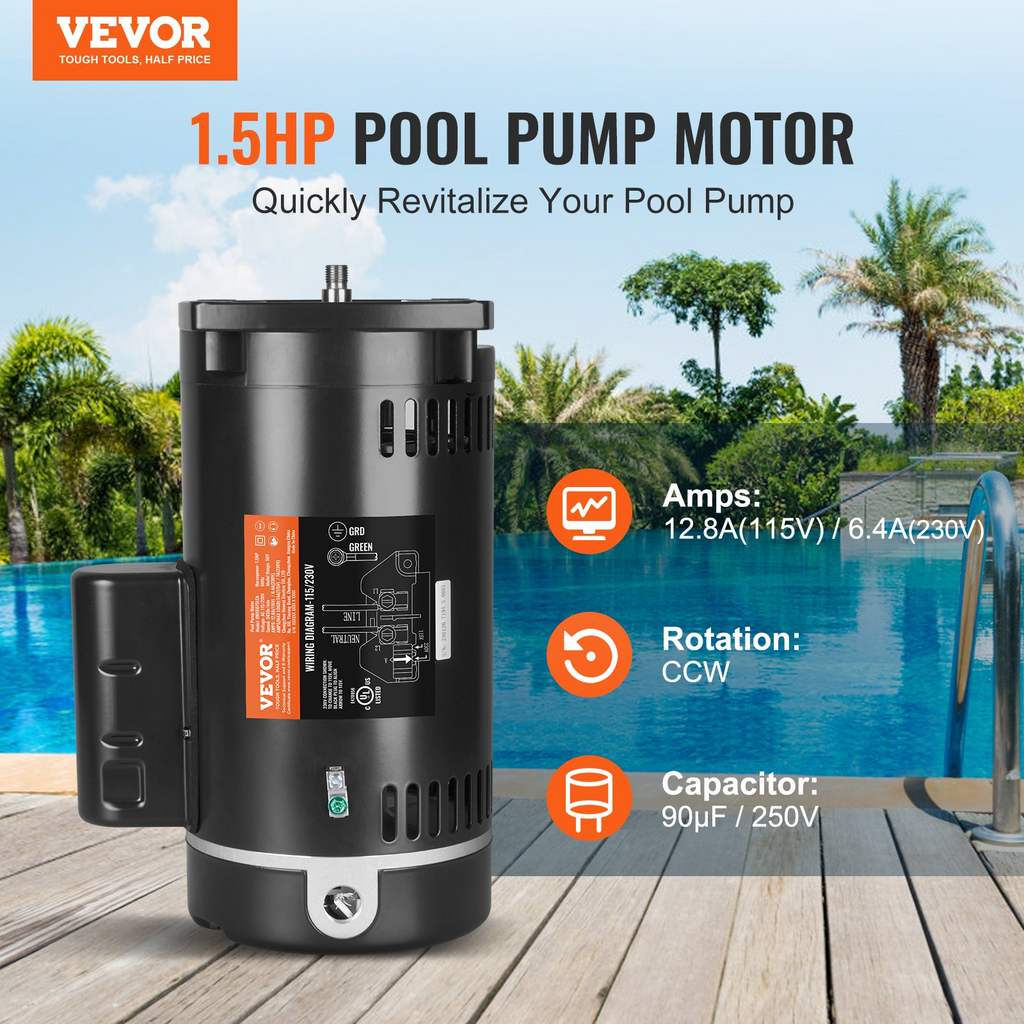 Motor de bomba de piscina VEVOR de 1,5 HP 115/230 V 12,8/6,4 A 56 Y 3450 RPM condensador de 90 μF/250 V