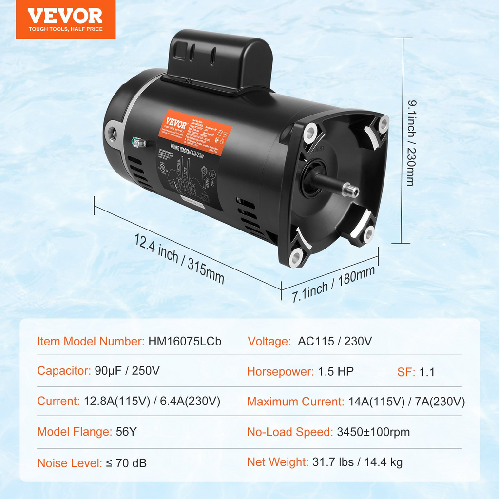 Motor de bomba de piscina VEVOR de 1,5 HP 115/230 V 12,8/6,4 A 56 Y 3450 RPM condensador de 90 μF/250 V