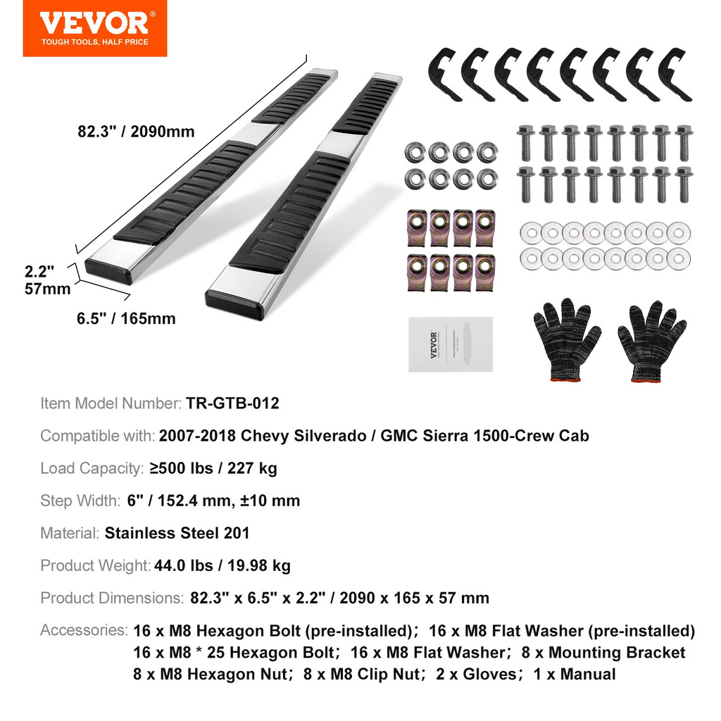 Estribos VEVOR barras de 6" compatibles con Chevy Silverado/GMC Sierra 1500 Crew Cab 2007-2018/2500HD 3500HD 1500 LD 2019 capacidad de 500 libras