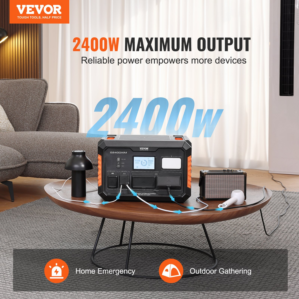 Generador solar portátil VEVOR de 1843 Wh y 2400 W con 13 puertos de carga