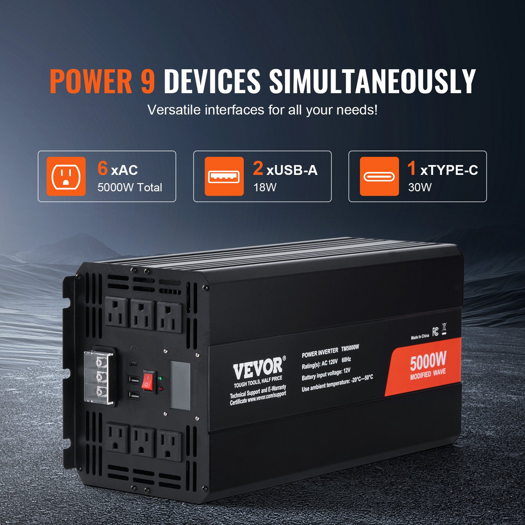 Inversor de corriente de CC de 12 V a CA de 120 V 5000 W con 6 salidas de CA 2 puertos USB 1 puerto tipo C pantalla LCD y control remoto