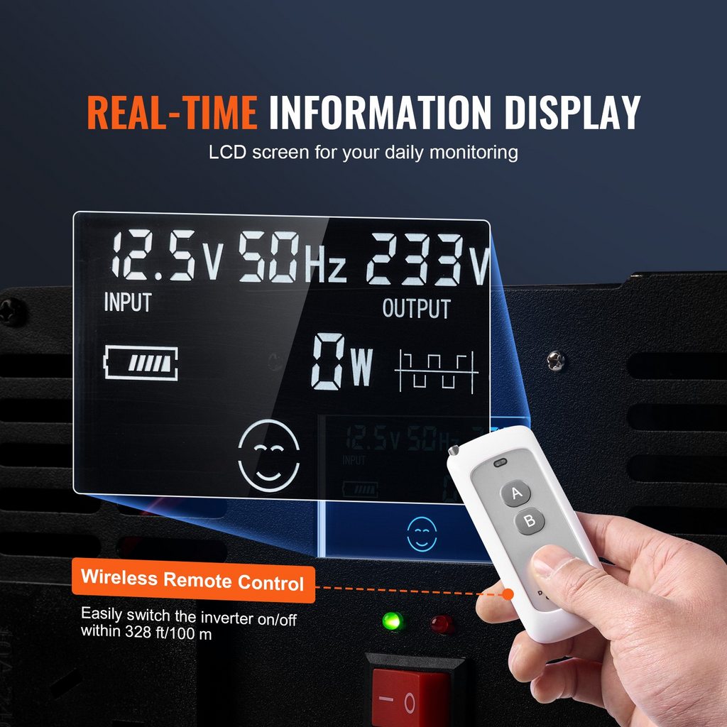 Inversor de corriente de CC de 12 V a CA de 120 V 5000 W con 6 salidas de CA 2 puertos USB 1 puerto tipo C pantalla LCD y control remoto