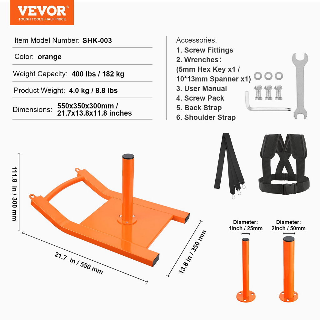 VEVOR Trineo de tracción para entrenamiento con pesas para placas de pesas de 1 y 2 pulgadas color naranja