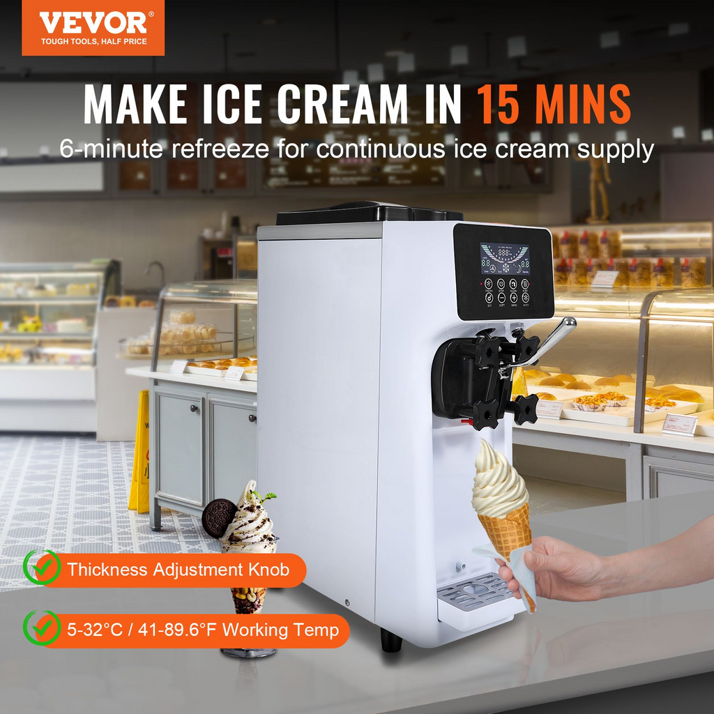 VEVOR Máquina comercial para hacer helados rendimiento de 10,6 qt/h de un solo sabor de 1000 W con tolva de 4 l cilindro de 1,6 l panel LCD con preenfriado automático