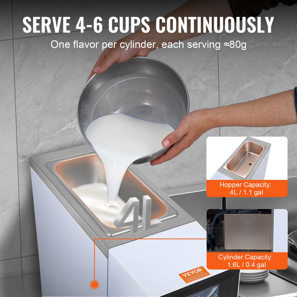 VEVOR Máquina comercial para hacer helados rendimiento de 10,6 qt/h de un solo sabor de 1000 W con tolva de 4 l cilindro de 1,6 l panel LCD con preenfriado automático