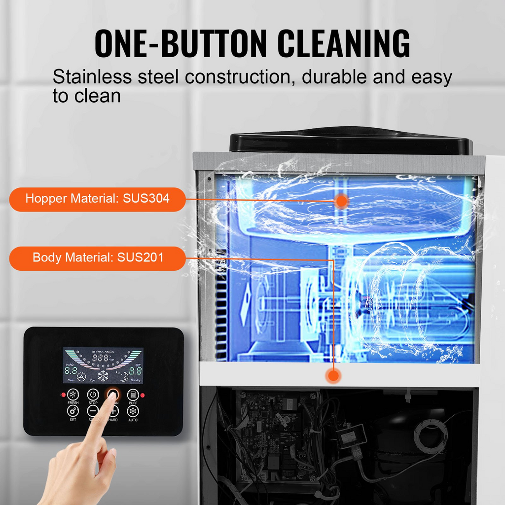 VEVOR Máquina comercial para hacer helados rendimiento de 10,6 qt/h de un solo sabor de 1000 W con tolva de 4 l cilindro de 1,6 l panel LCD con preenfriado automático