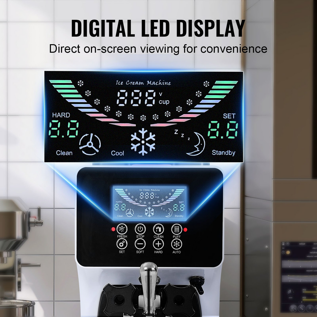 VEVOR Máquina comercial para hacer helados rendimiento de 10,6 qt/h de un solo sabor de 1000 W con tolva de 4 l cilindro de 1,6 l panel LCD con preenfriado automático