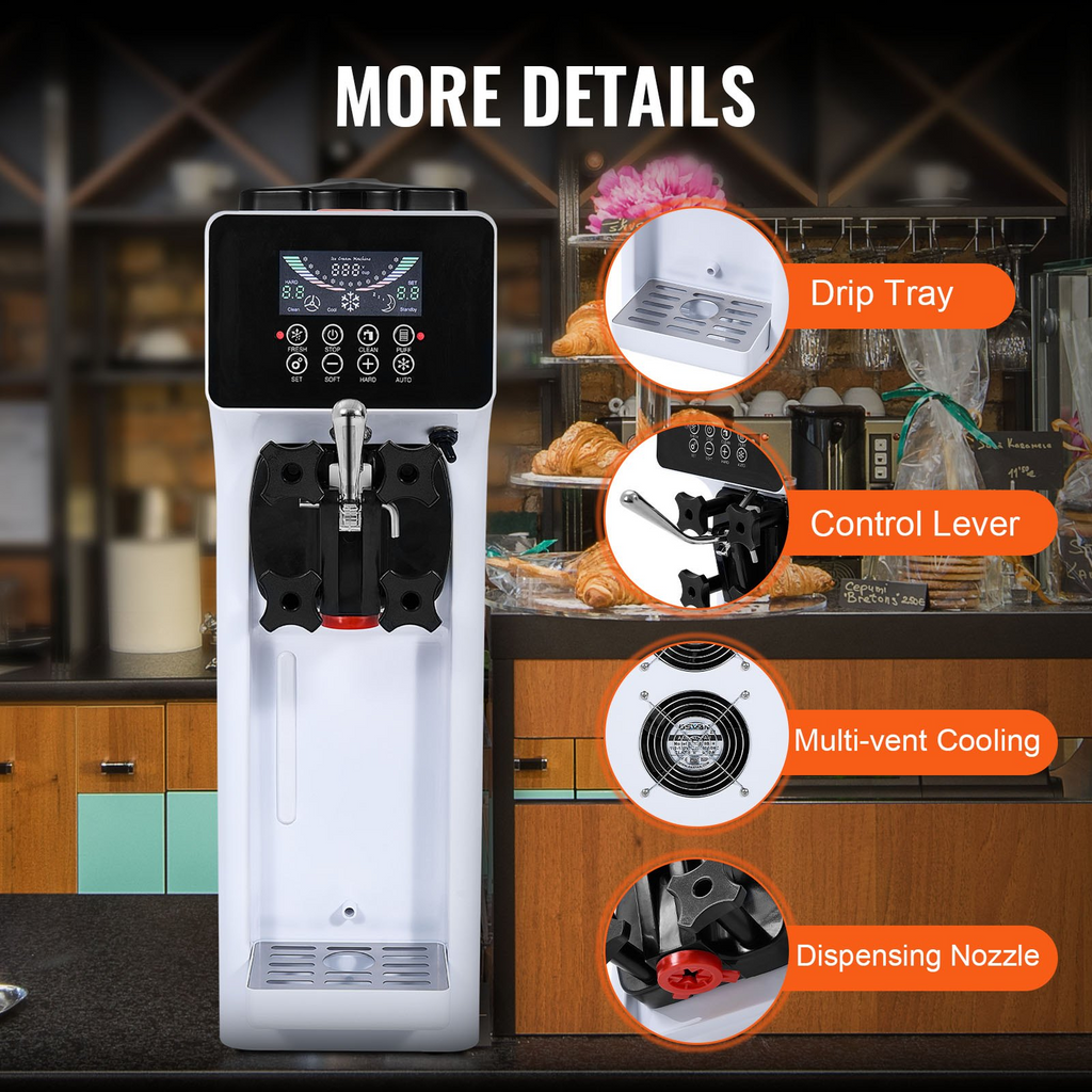 VEVOR Máquina comercial para hacer helados rendimiento de 10,6 qt/h de un solo sabor de 1000 W con tolva de 4 l cilindro de 1,6 l panel LCD con preenfriado automático