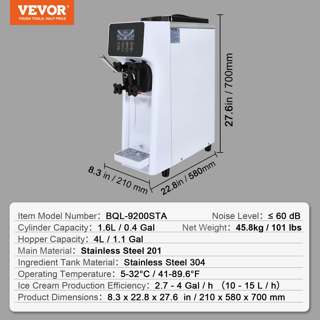 VEVOR Máquina comercial para hacer helados rendimiento de 10,6 qt/h de un solo sabor de 1000 W con tolva de 4 l cilindro de 1,6 l panel LCD con preenfriado automático