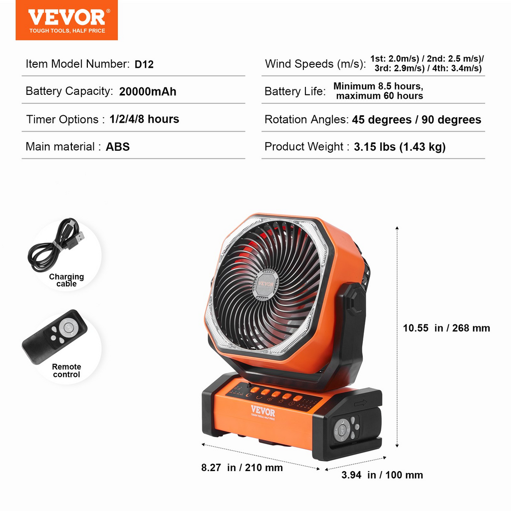VEVOR Ventilador portátil recargable de 9 pulgadas