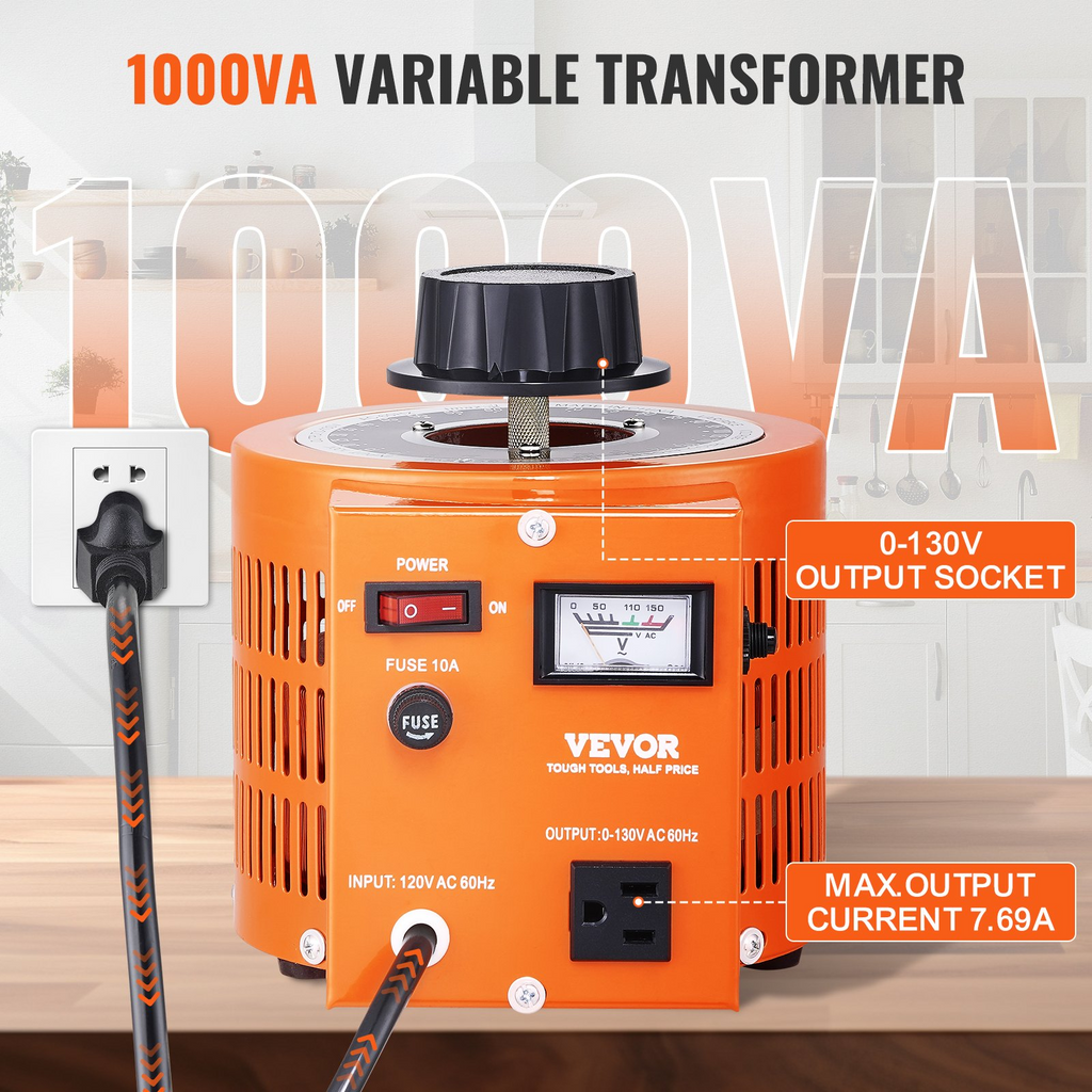 Transformador de voltaje variable automático VEVOR 1000VA 7,69 A entrada de 110 V salida de 0-130 V
