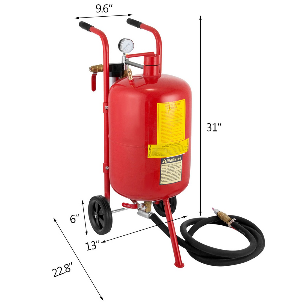 Máquina de chorro de arena VEVOR de 10 galones/40 l equipada con válvula de cierre de boquilla manómetro boquilla de cerámica ruedas de goma chorro de arena potente portátil