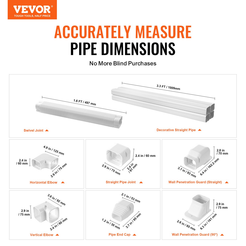 Cubierta VEVOR para miniconductos de 3 pulgadas x 17.6 pies de PVC para aire acondicionado con 4 conductos rectos y componentes completos