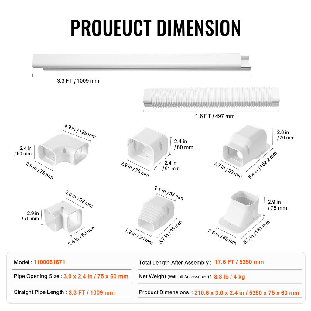 Cubierta VEVOR para miniconductos de 3 pulgadas x 17.6 pies de PVC para aire acondicionado con 4 conductos rectos y componentes completos