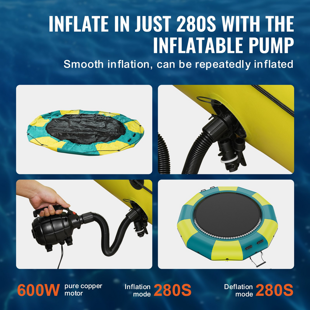 Trampolín acuático inflable de 13 pies con plataforma portátil escalera de 3 escalones y bomba de aire eléctrica para piscina lago y deportes acuáticos