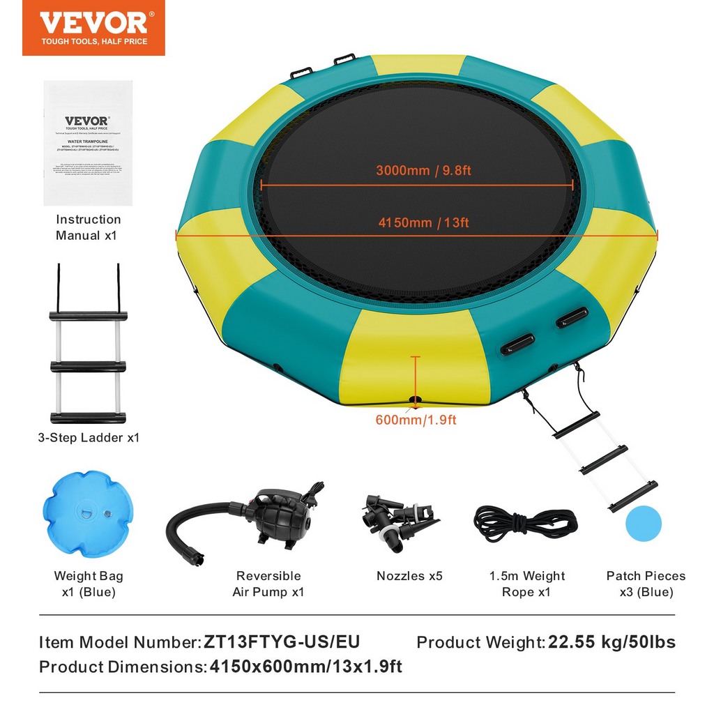 Trampolín acuático inflable de 13 pies con plataforma portátil escalera de 3 escalones y bomba de aire eléctrica para piscina lago y deportes acuáticos