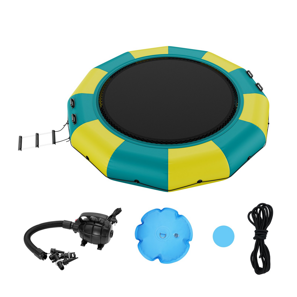 Trampolín acuático inflable de 13 pies con plataforma portátil escalera de 3 escalones y bomba de aire eléctrica para piscina lago y deportes acuáticos