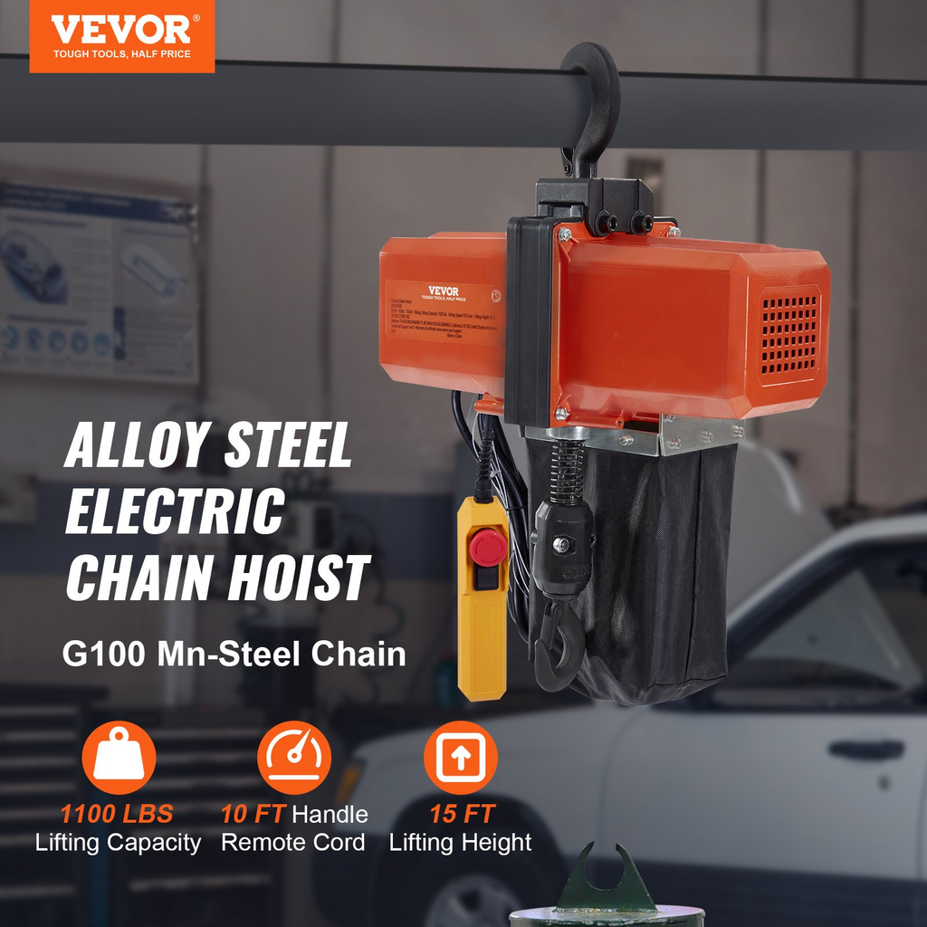 VEVOR Polipasto de cadena eléctrico de 1100 lb altura de elevación de 15 pies de 120 V control remoto con cable de 10 pies para garaje