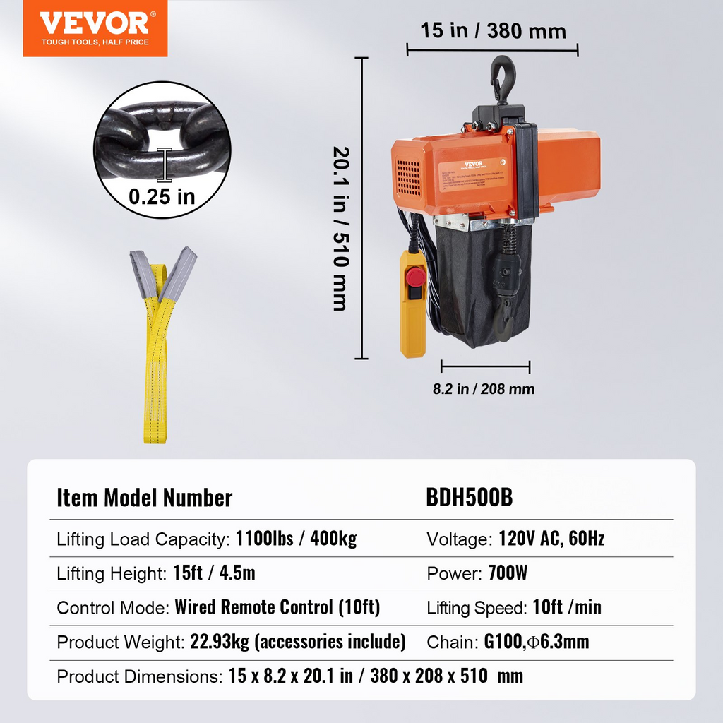 VEVOR Polipasto de cadena eléctrico de 1100 lb altura de elevación de 15 pies de 120 V control remoto con cable de 10 pies para garaje