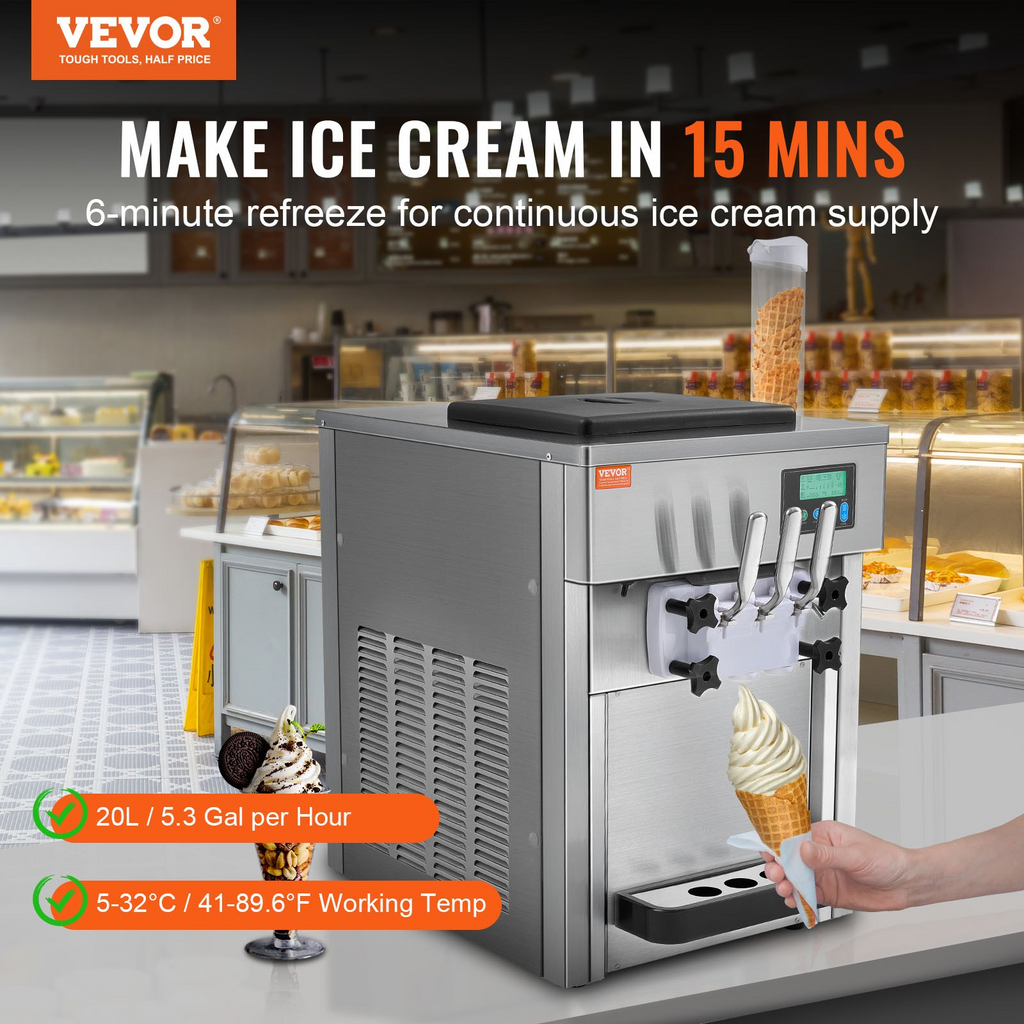 Máquina para hacer helados comerciales VEVOR rendimiento de 21 qt/h de 1800 W para encimera tolva de 2 x 4 l cilindro de 2 x 1,8 l