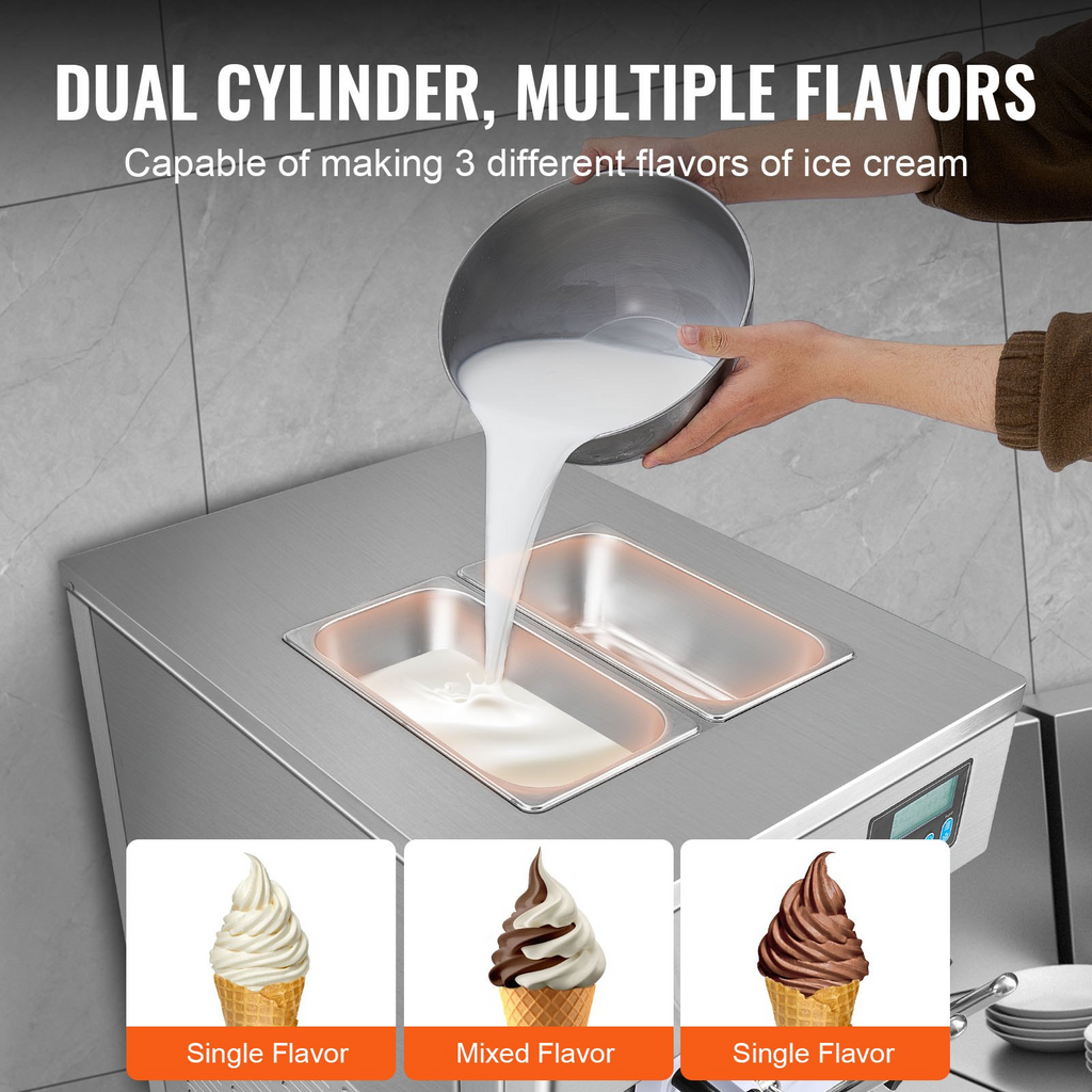 Máquina para hacer helados comerciales VEVOR rendimiento de 21 qt/h de 1800 W para encimera tolva de 2 x 4 l cilindro de 2 x 1,8 l