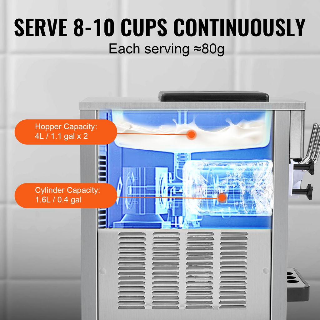 Máquina para hacer helados comerciales VEVOR rendimiento de 21 qt/h de 1800 W para encimera tolva de 2 x 4 l cilindro de 2 x 1,8 l