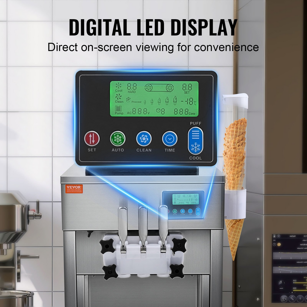 Máquina para hacer helados comerciales VEVOR rendimiento de 21 qt/h de 1800 W para encimera tolva de 2 x 4 l cilindro de 2 x 1,8 l