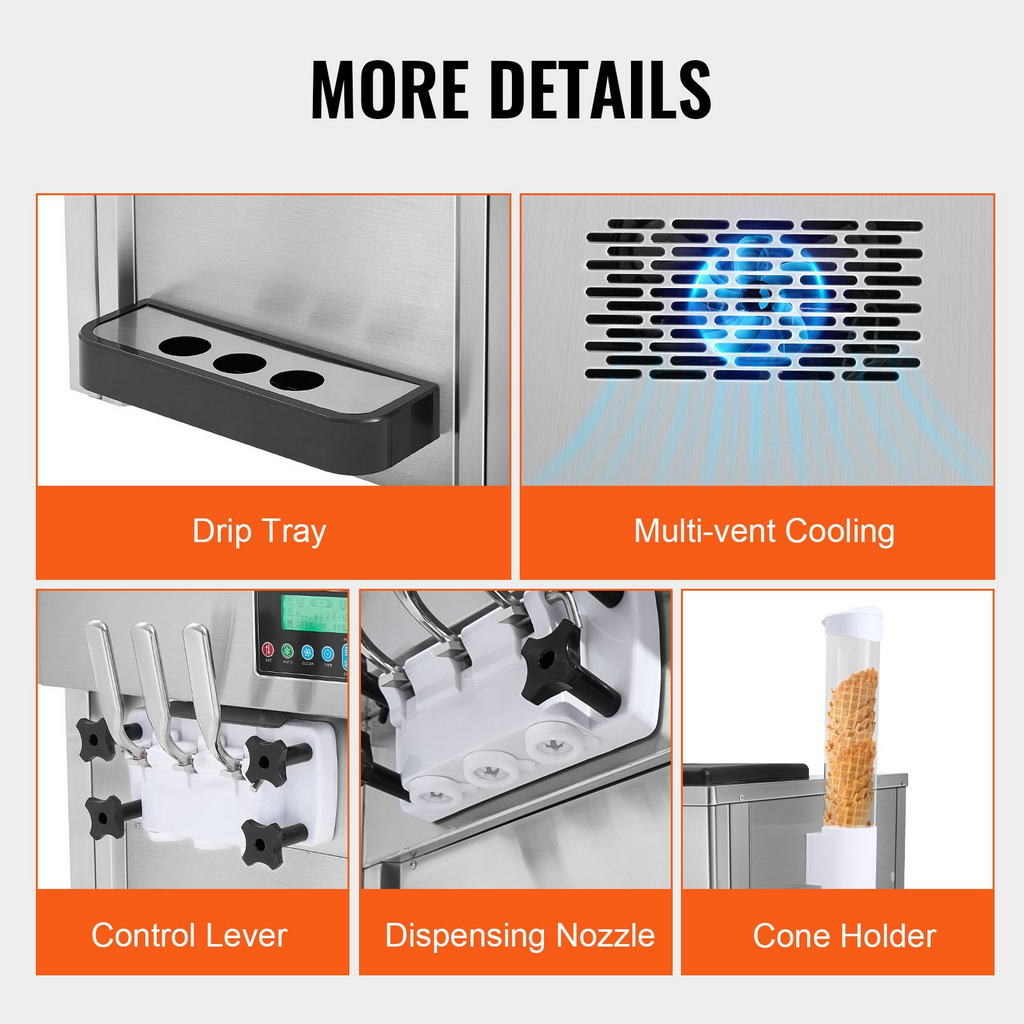 Máquina para hacer helados comerciales VEVOR rendimiento de 21 qt/h de 1800 W para encimera tolva de 2 x 4 l cilindro de 2 x 1,8 l