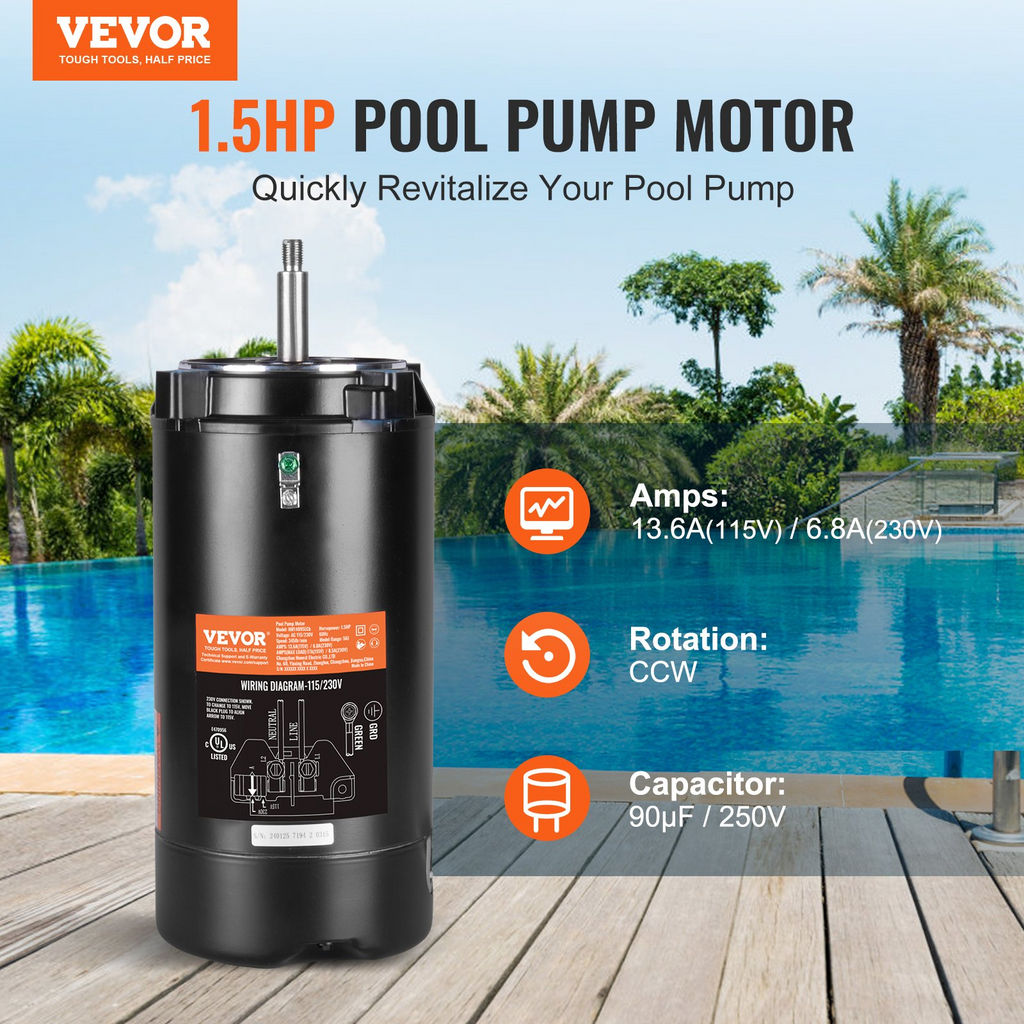 Motor de bomba de piscina VEVOR de 1,5 HP 3450 RPM 60 Hz