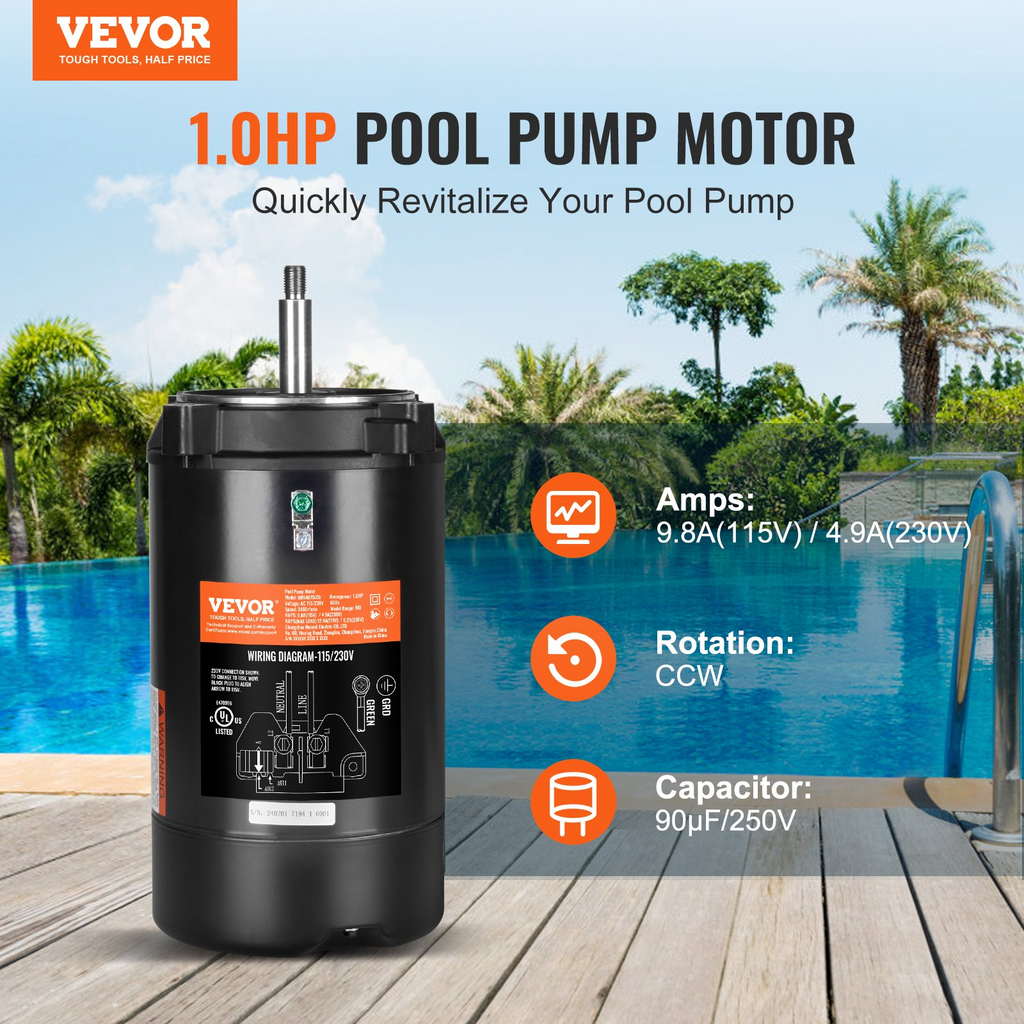 Motor de bomba de piscina VEVOR de 1 HP marco 56J 115 V (9,8 amperios)/230 V (4,9 amperios) 3450 RPM 60 Hz 1,4 capacitor de 90 μF/250 V