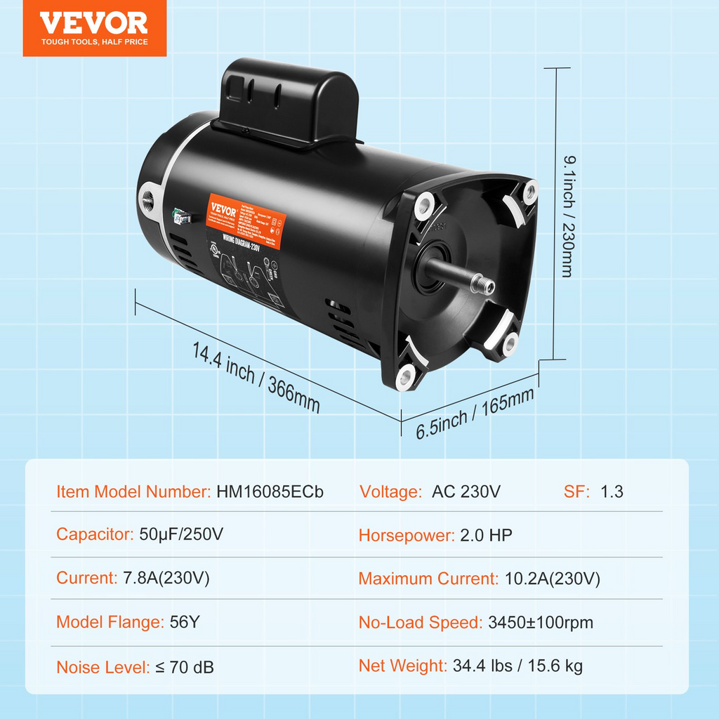 Motor de bomba de piscina VEVOR de 2 HP marco 56Y 230 V (7,8 amperios) 3450 RPM 60 Hz