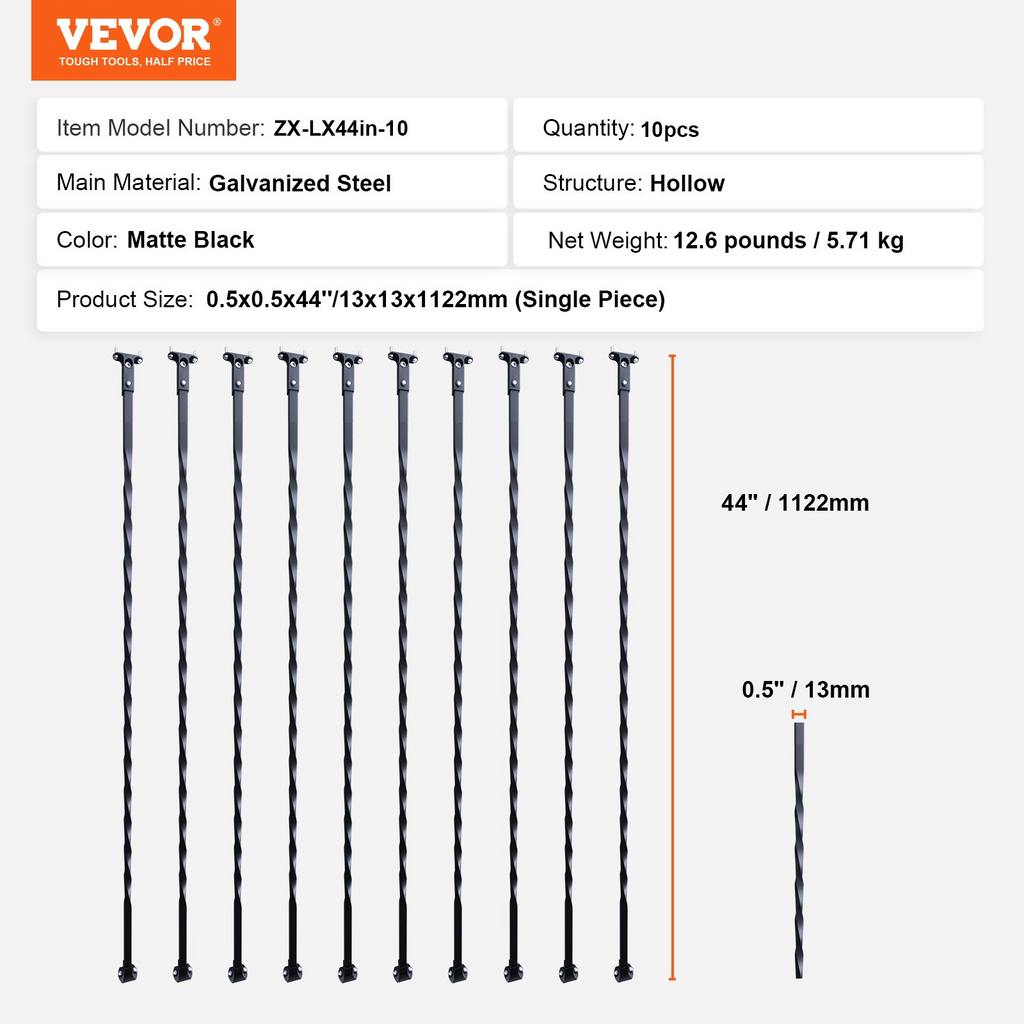 VEVOR - Barandilla de metal para escaleras 44'' x 1/2'' balaustres decorativos de acero galvanizado paquete de 10