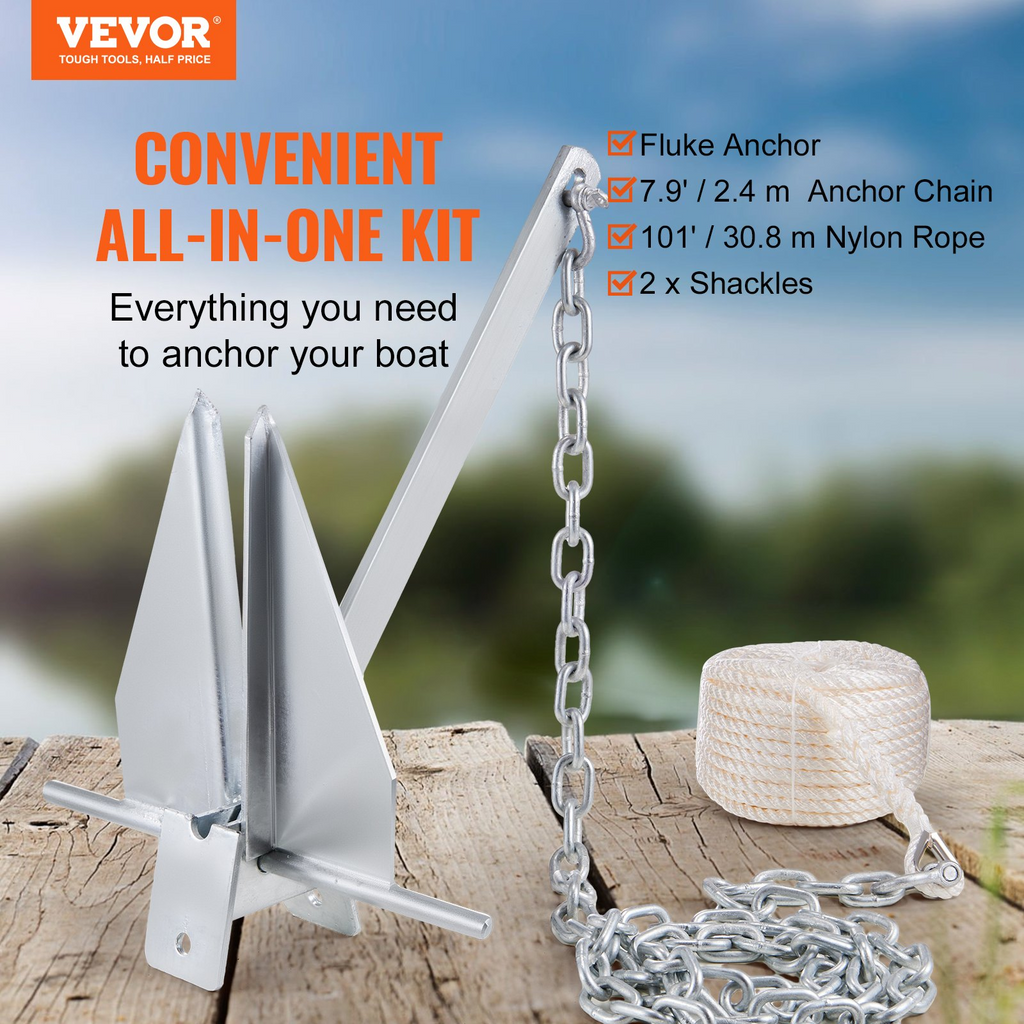 Kit de ancla estilo Fluke de VEVOR de 13 libras con cadena de 7,9 pies cuerda de 101 pies y dos grilletes de 0,4 pulgadas