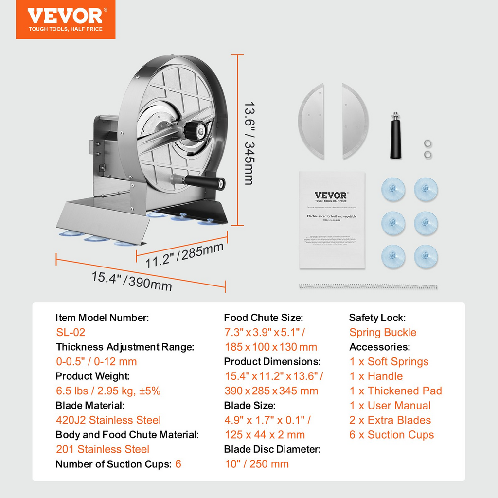 VEVOR Cortadora manual de frutas y verduras ajustable de 0 a 0,5"/0 a 12 mm de grosor con 2 cuchillas de repuesto