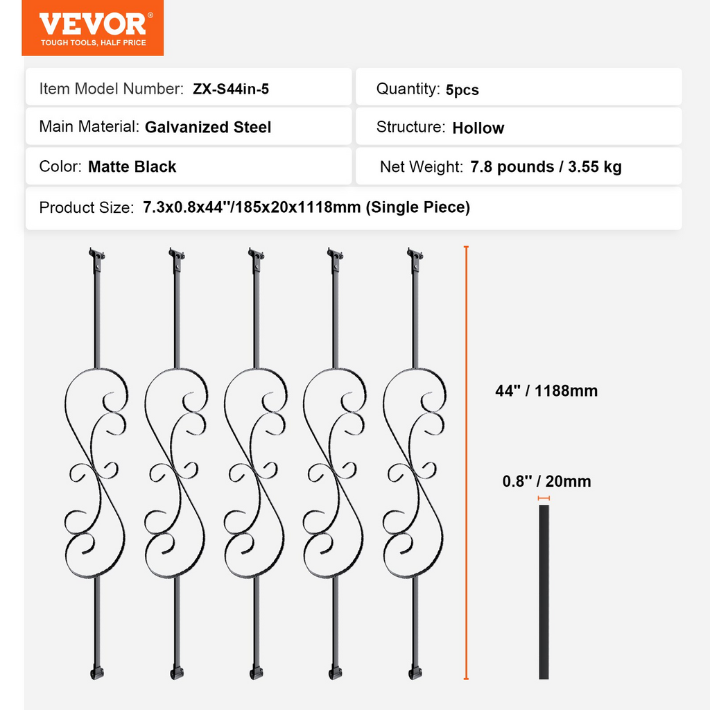 VEVOR - Barandilla de metal para escaleras 44 x 1/2 pulgada decorativos de acero galvanizado paquete de 5