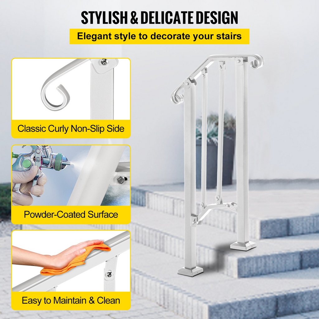 VEVOR Wrought Iron Handrail Fits 1 or 2 Steps Handrail Picket #1 Outdoor Stair Rail with Installation Kit for Outdoor Steps Hand Rails Matte White